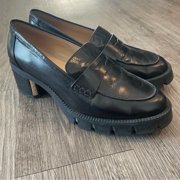 COACH Cora Black Leather Lug Sole Heeled Loafers - Picture 1 of 9